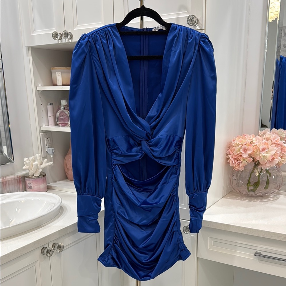 Blue Ruched Wrap Bodycon Dress with Bishop Sleeves